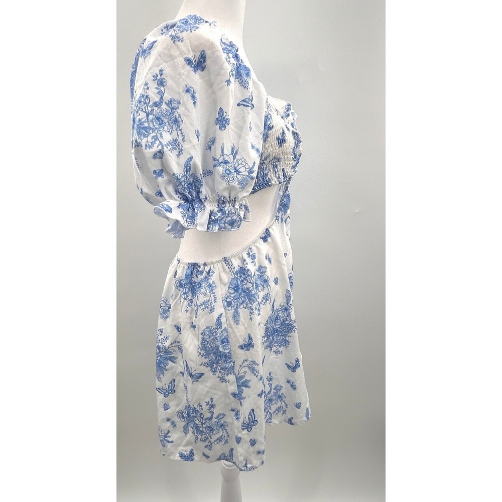 Womens Blue White Floral Cutout Mini Dress Puff Sleeve Cottagecore Boho Dress - Picture 3 of 14